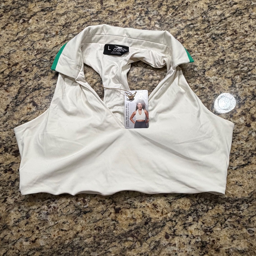 NEW Crane Women White Longline Halter Sports Bra Green Trim Collar Large 12-14